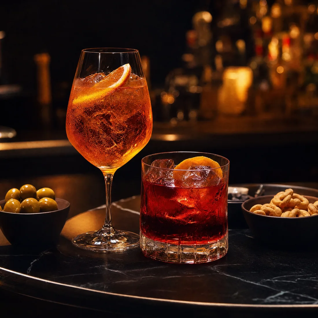 Aperol Spritz und Negroni an der dunklen Bar