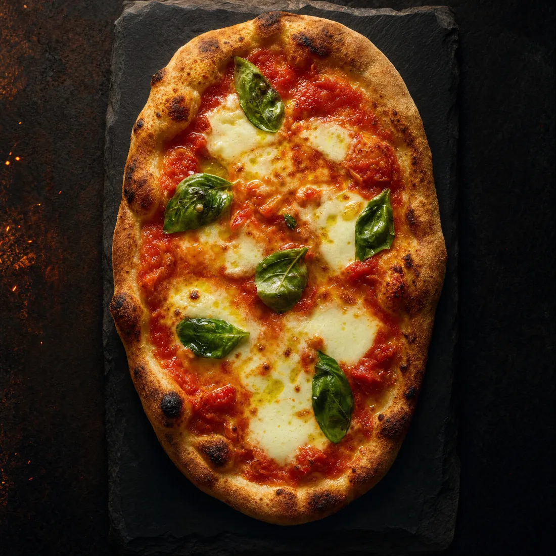 Pinsa Margherita mit Mozzarella und Basilikum, knusprig aus dem Ofen
