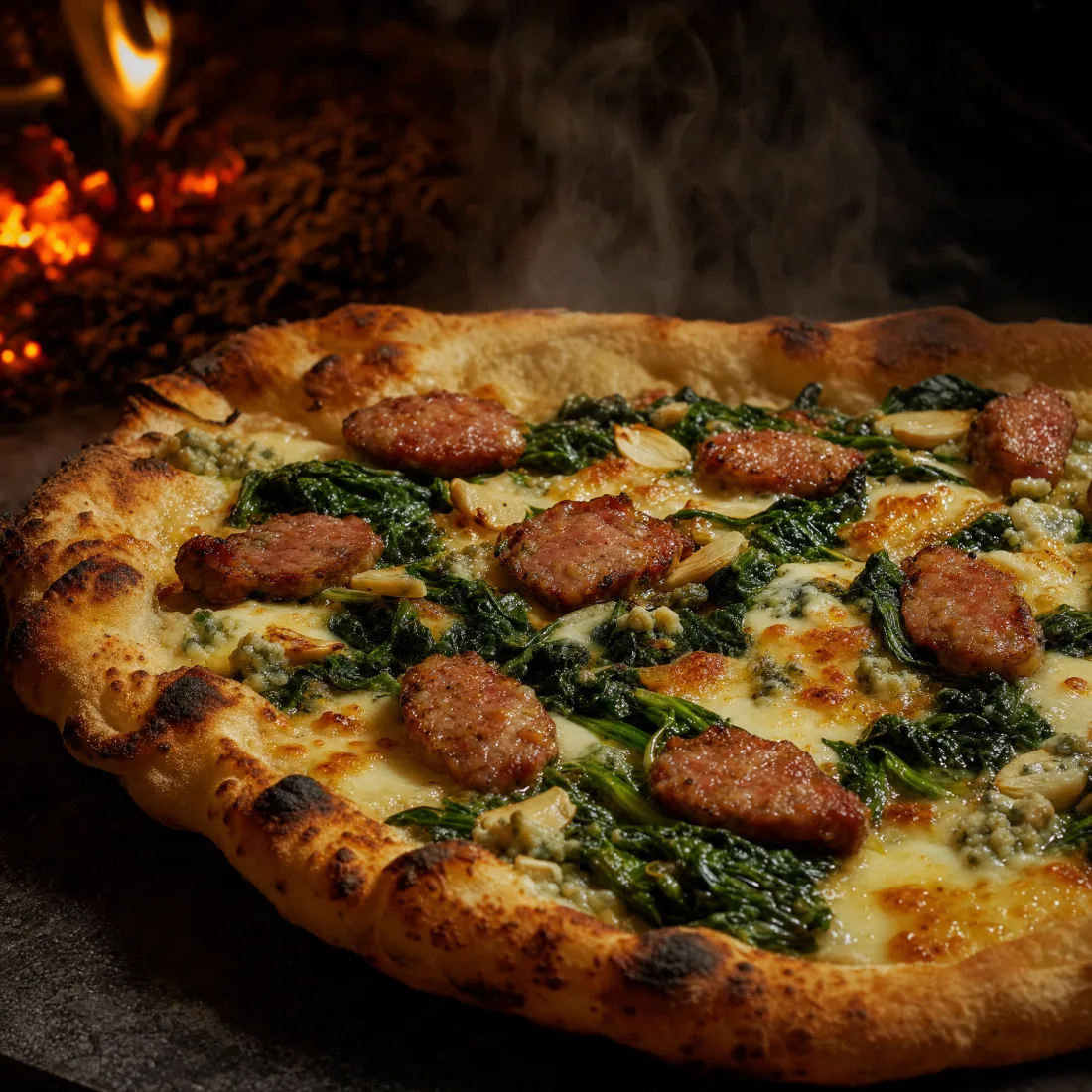 Pinsa Popeye mit Spinat, Gorgonzola und Salsiccia